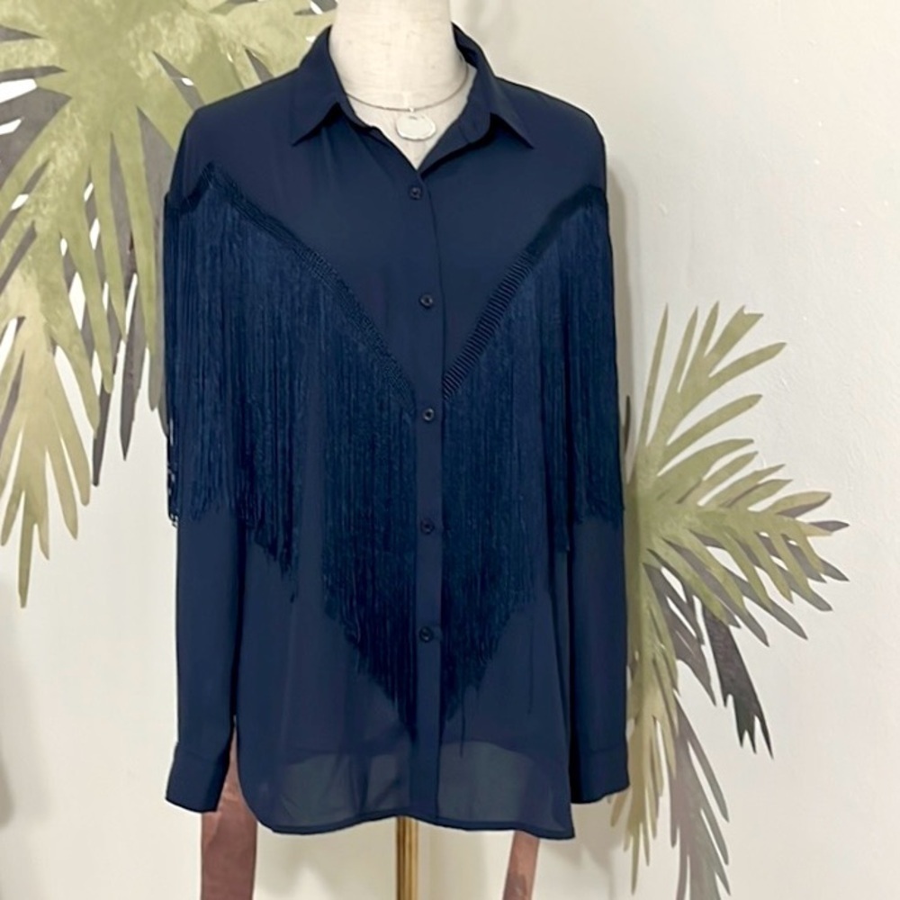 Verdusa,Coastal Cowgirl,Navy Fringe Weatern Wear Button-Up Blouse, EUC, Size Med - Picture 3 of 12